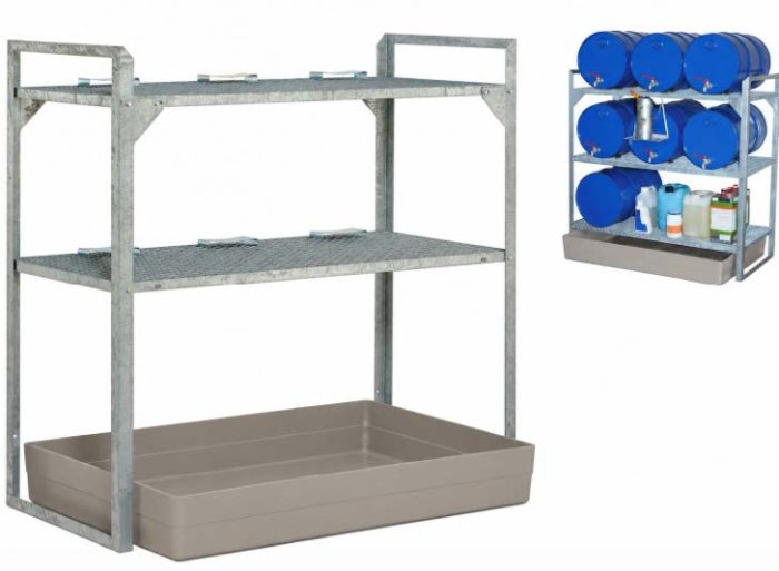 SCAFFALATURA PER 6 FUSTI DA 60 L CON VASCA IN VTR Sistema indoor zincato a caldo con due ripiani e vasca di raccolta