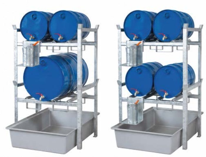 SCAFFALATURA CON SUPPORTO PER FUSTI DA 60Lt/200 Lt Sistema indoor zincato con due livelli e vasca di raccolta in VTR