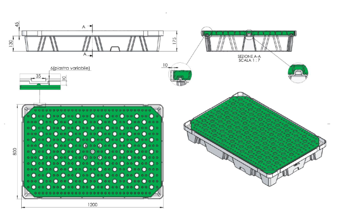 PIATTAFORMA DI CONTENIMENTO IN PP SENZA GRIGLIA dim. 1200 x 800 x h175 mm - capacità 100 Lt