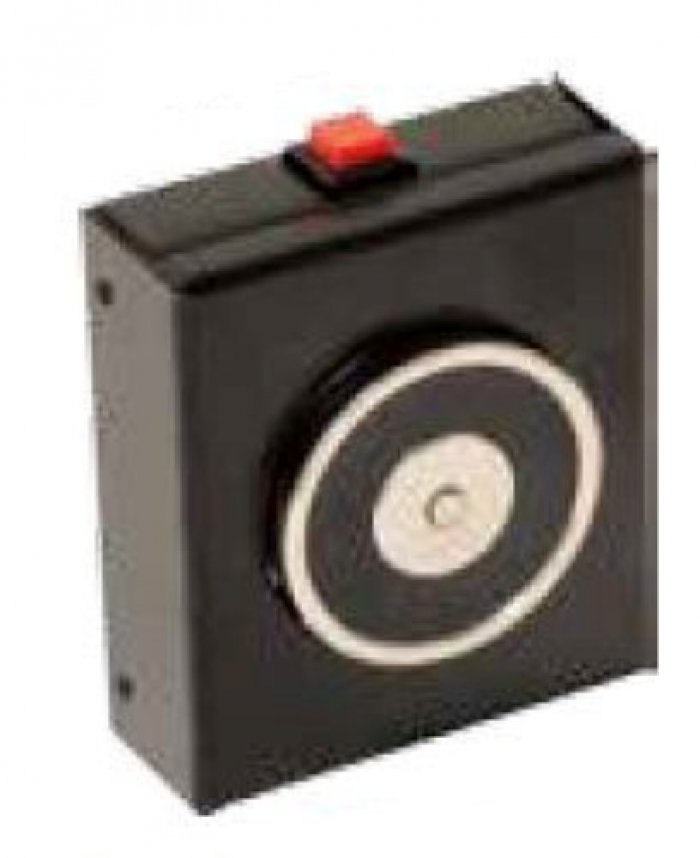 Elettromagnete di trattenuta a parete corpo in acciaio verniciato nero forza di trazione >55 kg con pulsante di sblocco per porte tagliafuoco fornito senza contropiastra