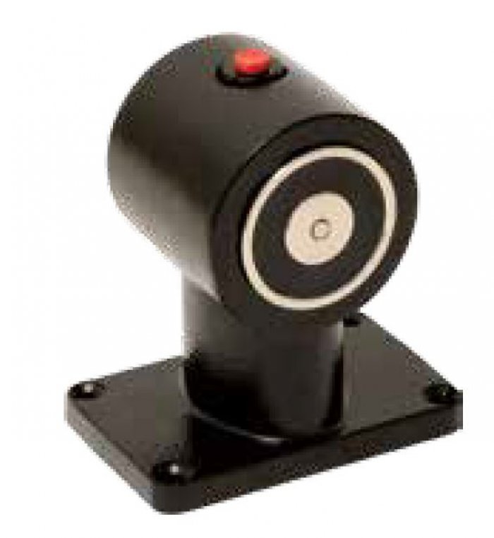 Elettromagnete di trattenuta a pavimento corpo in metallo verniciato nero forza di trazione >55 kg con pulsante di sblocco per porte tagliafuoco fornito senza contropiastra