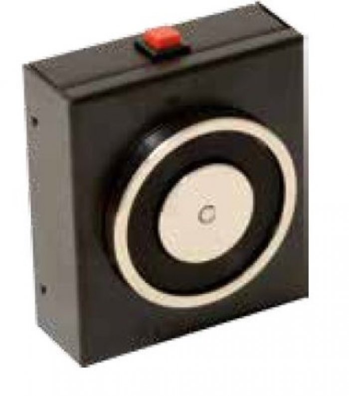 Elettromagnete di trattenuta a parete scatola in acciaio verniciato nero forza di trazione >140 kg con pulsante di sblocco per porte tagliafuoco fornito senza contropiastra