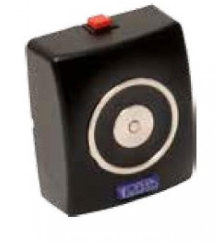 Elettromagnete di trattenuta a parete corpo in abs grigio con base in acciaio zincato forza di trazione >55 kg con pulsante di sblocco per porte tagliafuoco fornito senza contropiastra