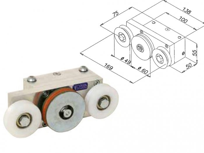 Regolatore di chiusura corpo in monoblocco di alluminio una puleggia d. mm 60 due pulegge laterali d. mm 50 per portoni tagliafuoco scorrevoli a contrappesi