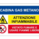 CABINA GAS METANO / ATTENZIONE INFIAMMABILE / VIETATO FUMARE E USARE FIAMME LIBERE NORMA UNI EN ISO 7010 (MS1425)