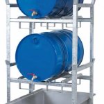 SCAFFALATURA CON SUPPORTO PER FUSTI DA 60Lt/200 Lt Sistema indoor zincato con due livelli e vasca di raccolta in VTR