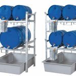 SCAFFALATURA CON SUPPORTO PER FUSTI DA 60Lt/200 Lt Sistema indoor zincato con due livelli e vasca di raccolta in VTR
