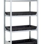 SCAFFALATURE CON VASCHE DI RACCOLTA IN PE Due larghezze con quattro ripiani regolabili per piccoli contenitori