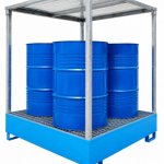 VASCA IN ACCIAIO DI CONTENIMENTO PER LO STOCCAGGIO DI 4 FUSTI CON TETTOIA ZINCATA AMOVIBILE per stoccaggio di 4 fusti in verticale