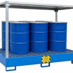 VASCA IN ACCIAIO DI CONTENIMENTO PER LO STOCCAGGIO DI 6 FUSTI CON TETTOIA ZINCATA AMOVIBILE per stoccaggio di 6 fusti in verticale