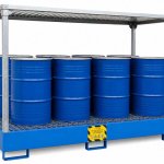 VASCA IN ACCIAIO DI CONTENIMENTO PER LO STOCCAGGIO DI 8 FUSTI CON TETTOIA ZINCATA AMOVIBILE per stoccaggio di 8 fusti in verticale