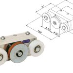Regolatore di chiusura corpo in monoblocco di alluminio una puleggia d. mm 60 due pulegge laterali d. mm 50 per portoni tagliafuoco scorrevoli a contrappesi